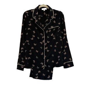 Como Sleep Satin Pajama PJ Set, Long Sleeves/Pants, Black, Butterflies, M